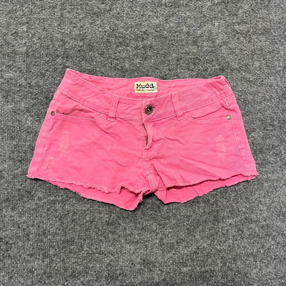Mudd Denim Shorts Womens Size 0 Pink Low Rise Distressed Frayed Hem Casual